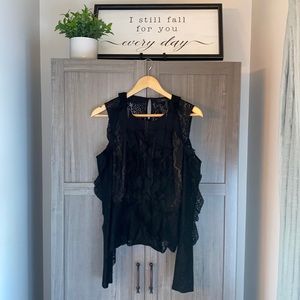 BCBGMaxazria black ruffle lace cold shoulder long sleeve top